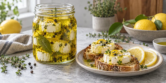 Glass jar of goat cheese rounds marinated in golden-green olive oil with thyme, lemon zest and peppercorns