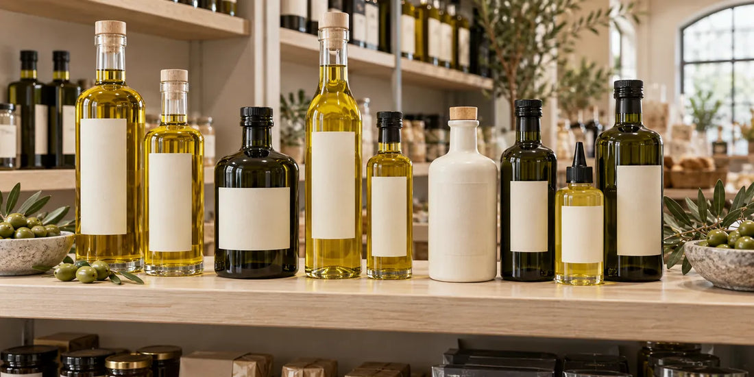 Row of unbranded olive oil bottles in clear, green and ceramic glass on a pale wooden food hall shelf