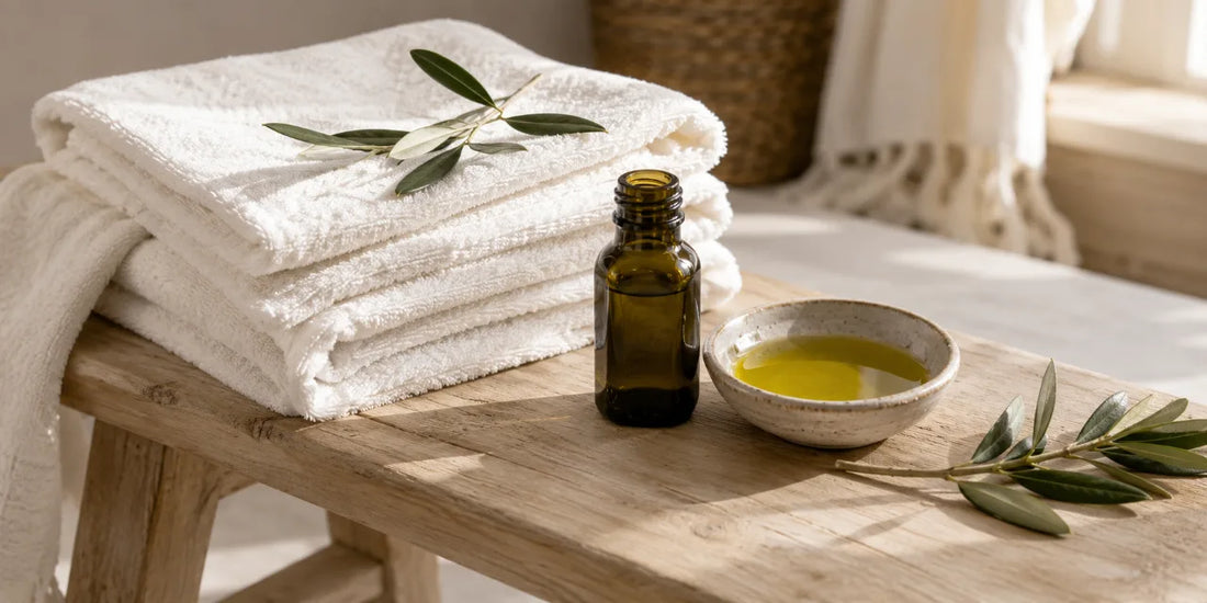 Folded white cotton towels on a wooden bench with a dark glass bottle and a bowl of green-gold oil