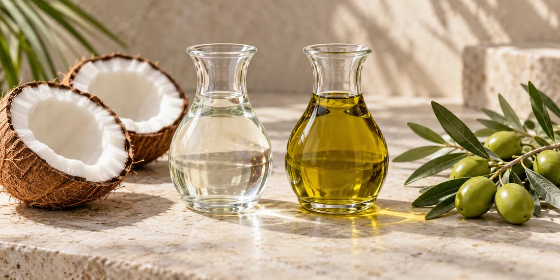 Clear glass carafes of colourless MCT oil and golden-green olive oil between coconut halves and green olives