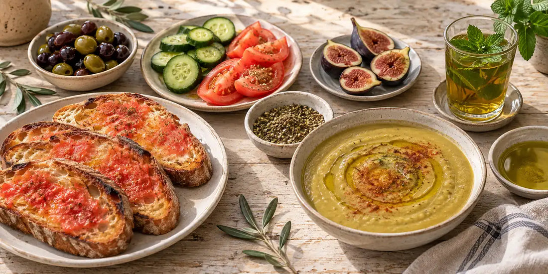 Mediterranean breakfast table with tomato-rubbed toast, za'atar, olives, cucumber, figs, fava bean soup and golden-green olive oil