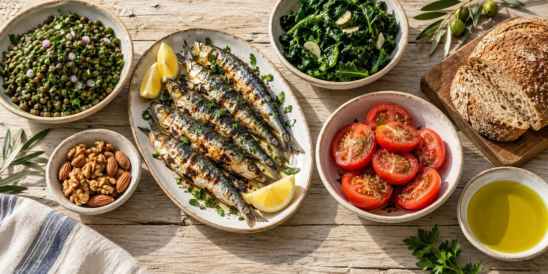 Mediterranean table of grilled sardines, lentil salad, leafy greens, tomatoes, walnuts and a dish of golden-green olive oil
