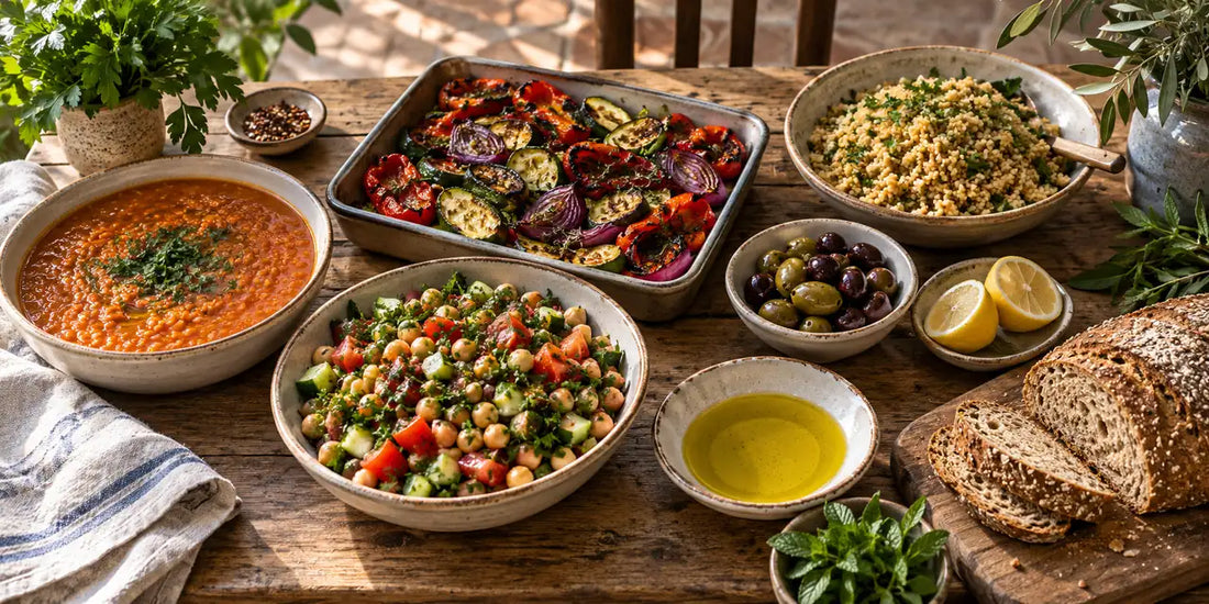 Table of lentil soup, chickpea salad, roast vegetables, bread and a dish of golden-green olive oil
