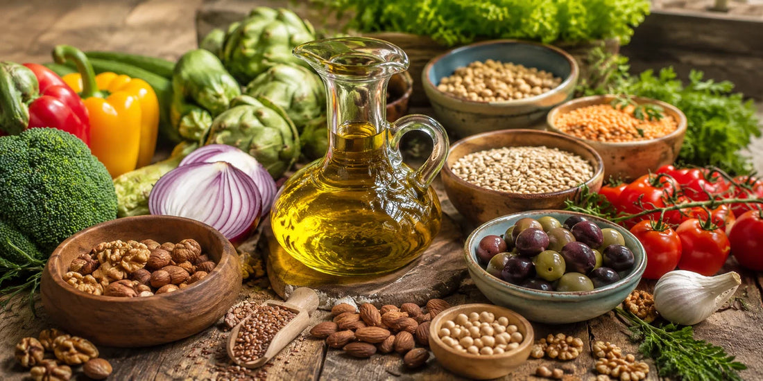 A healthy Mediterranean spread with a jug of golden-green olive oil, vegetables, grains and olives