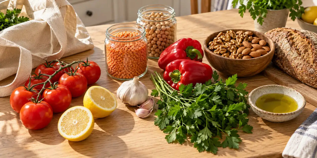 Tomatoes, halved lemons, red peppers, parsley, jars of lentils and chickpeas, nuts and bread on oak
