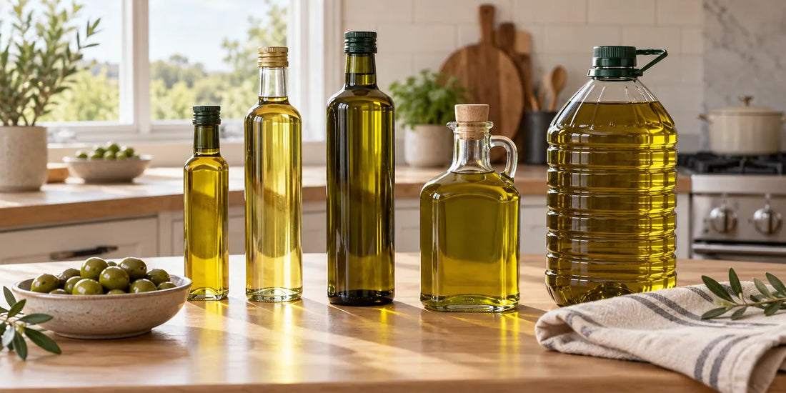 Unbranded olive oil bottles and jugs in gold to golden-green shades on a pale oak counter with green olives