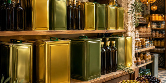 A Middle Eastern grocery shelf stacked with large gold and green olive oil tins and dark glass bottles