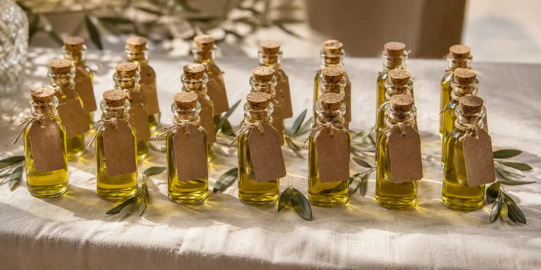 Rows of tiny glass bottles of green-gold olive oil tied with twine and blank tags on pale linen