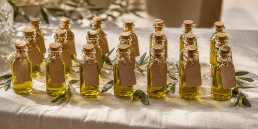 Rows of tiny glass bottles of green-gold olive oil tied with twine and blank tags on pale linen
