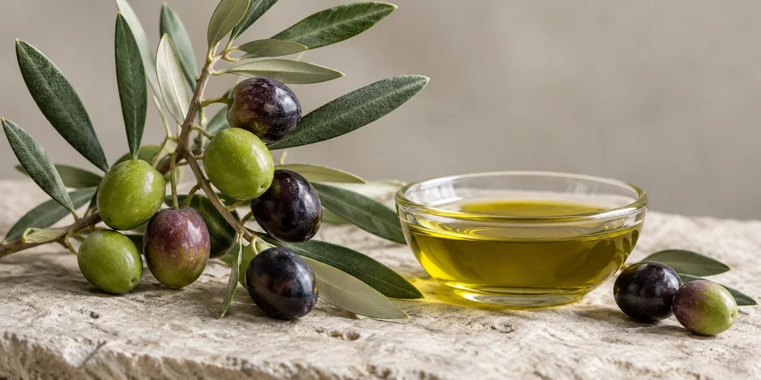 Small green, violet and black olives on a branch beside a dish of golden-green oil on limestone