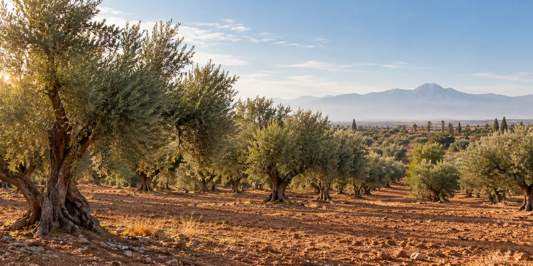 Olive trees across dry Moroccan plains in warm morning light with distant mountains beyond the grove