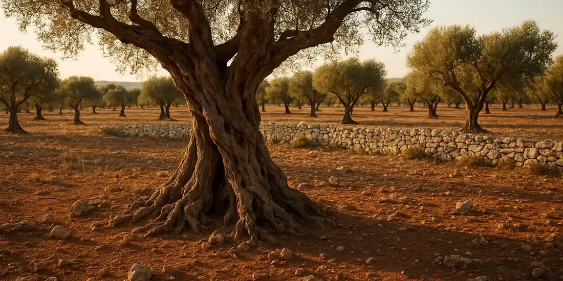 Ancient gnarled olive tree with twisted trunk on dry limestone ground beside a low stone wall