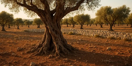Ancient gnarled olive tree with twisted trunk on dry limestone ground beside a low stone wall