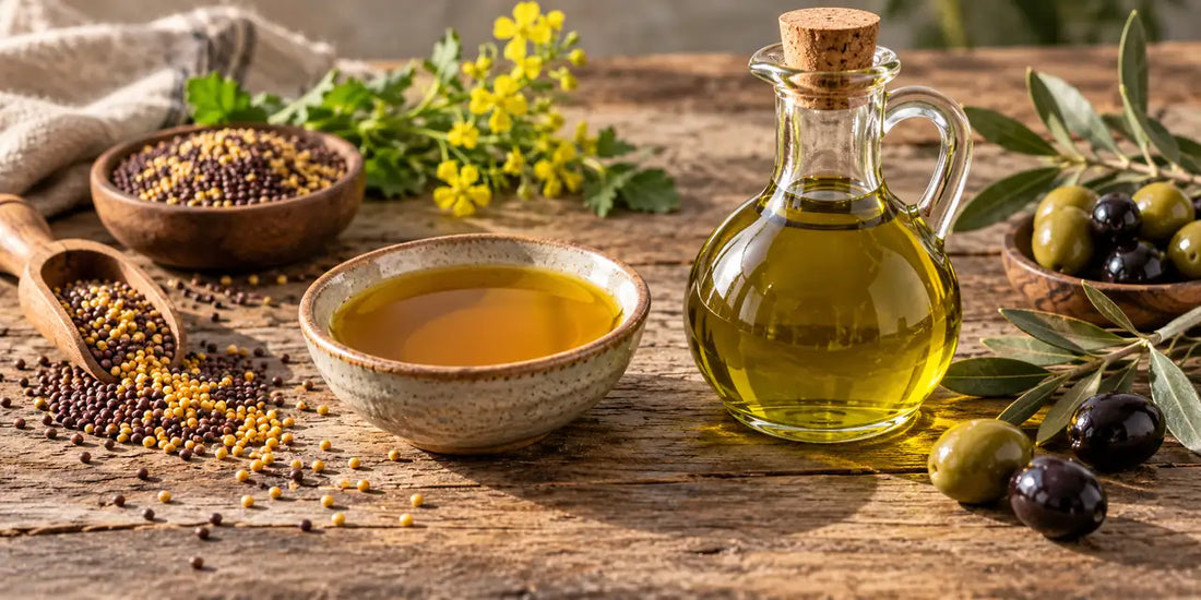 Bowl of amber mustard oil beside a cruet of golden-green olive oil with mustard seeds and olives on oak