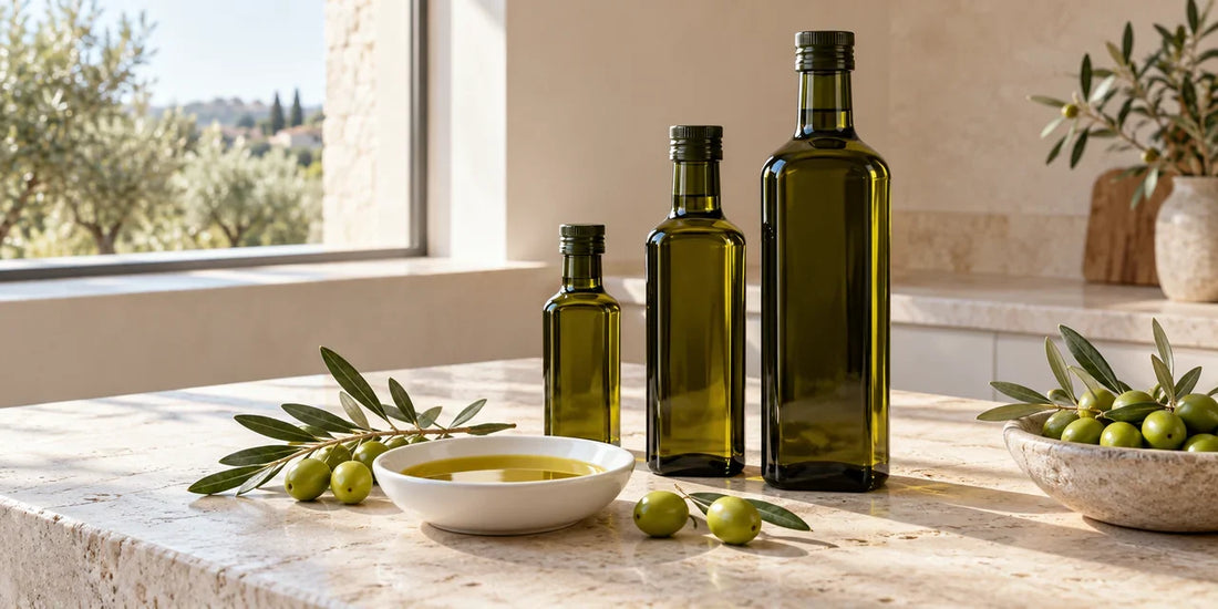 Three unlabelled olive oil bottles in different sizes stand beside olives and a white oil dish.