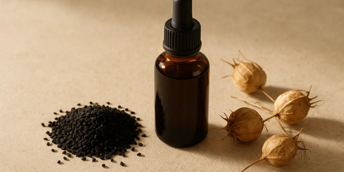 Dark glass black seed oil bottle beside matte black seeds and dried Nigella seed pods on a pale stone surface