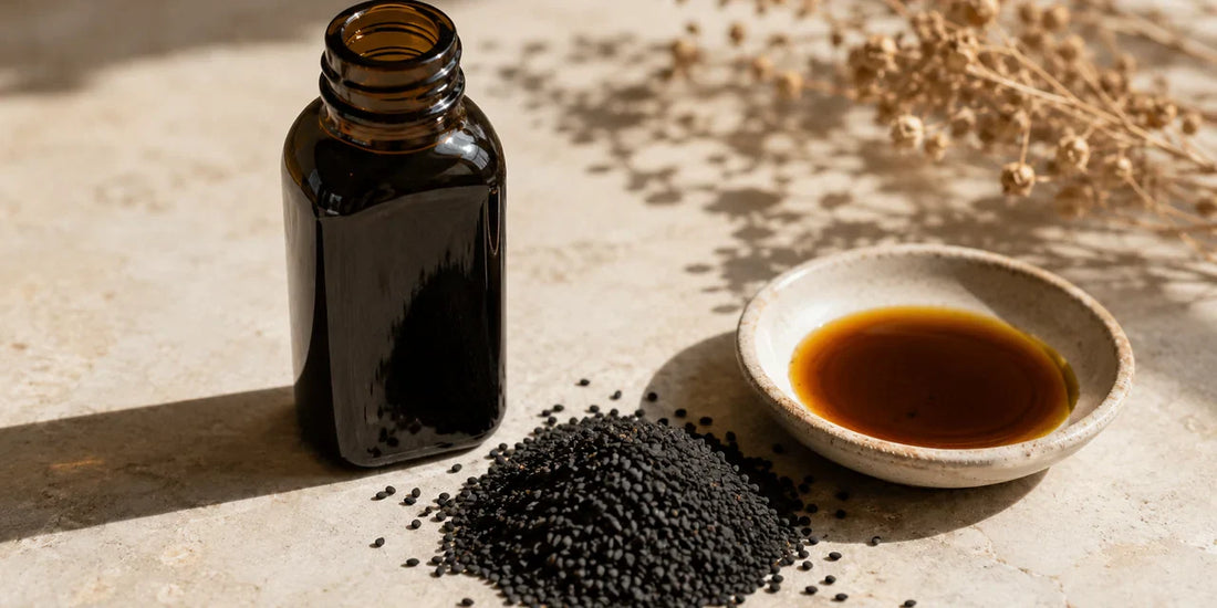 Dark glass black seed oil bottle beside scattered matte black cumin seeds on a pale stone surface in warm directional light
