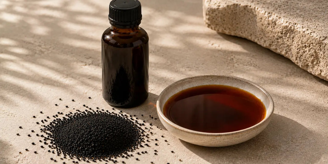 A dark glass black seed oil bottle beside scattered matte black cumin seeds and a small dish of deep bronze oil on a warm pale stone surface