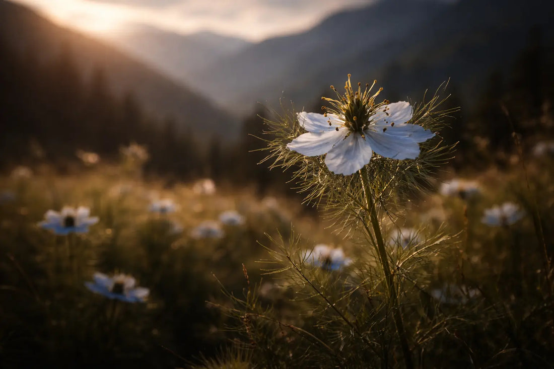 Pale blue Nigella sativa flower with feathery leaves growing in an open field
