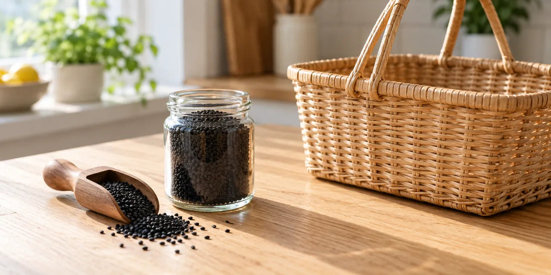 Small glass jar of matte black nigella seeds with a wooden scoop beside a woven basket on oak