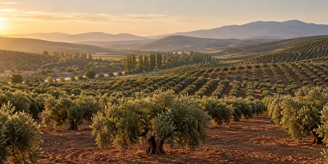 Rows of olive trees over rolling red-earth Andalusian hills with a poplar-lined river valley at golden hour