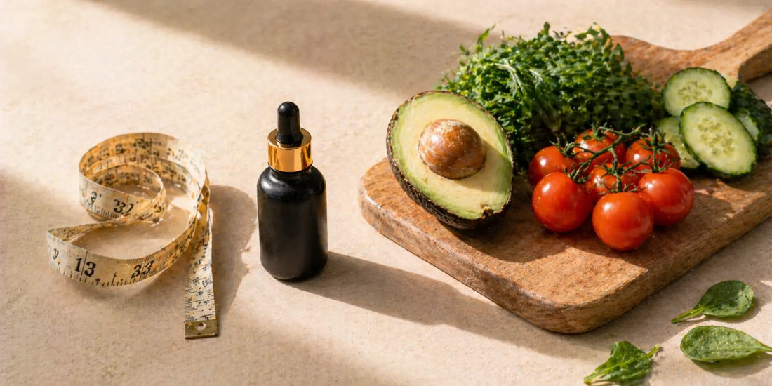 Matte black glass bottle of oil beside a tailor's measuring tape and fresh vegetables on a wooden board