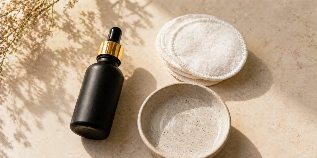 Matte black glass bottle of oil beside soft white cotton pads and a ceramic dish of water on a pale surface