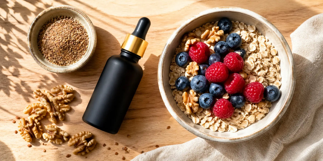 Matte black glass bottle of oil beside a bowl of oats topped with fresh berries and scattered walnuts