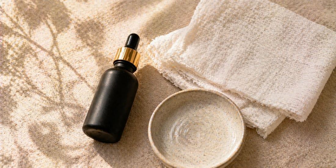 Matte black glass bottle of oil beside a folded soft white cotton cloth and a small ceramic dish