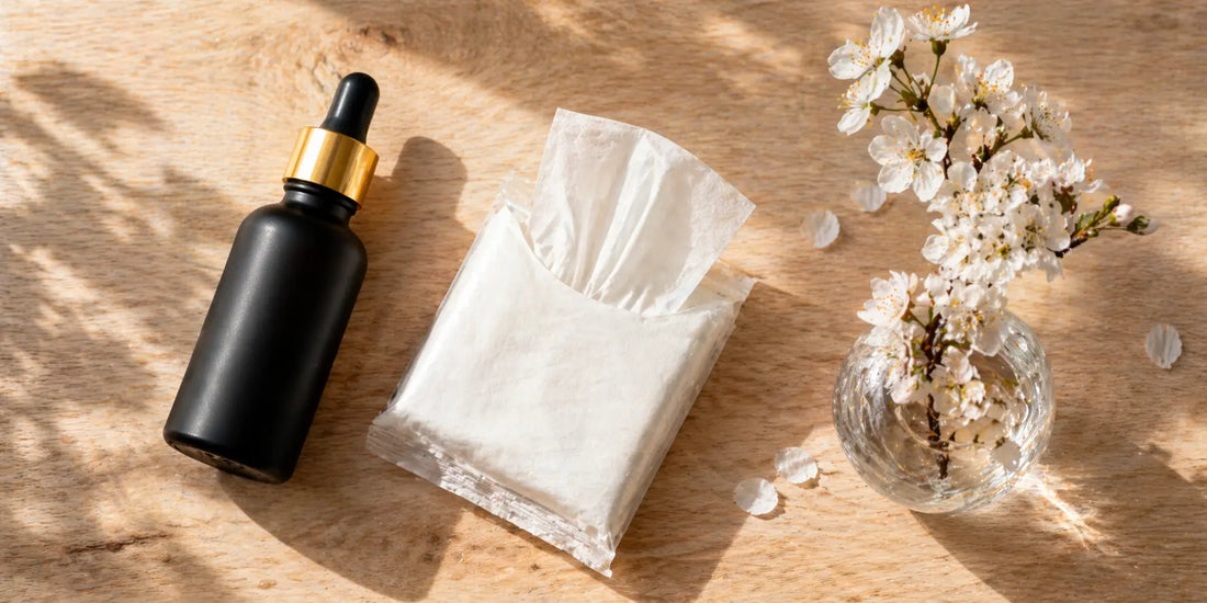 Matte black glass bottle of oil beside a pack of tissues and a small vase of blossom flowers on a pale surface