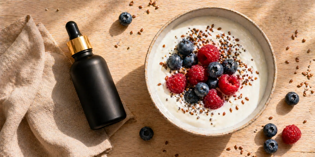 Matte black glass bottle of oil beside a ceramic bowl of yoghurt topped with fresh berries and scattered seeds