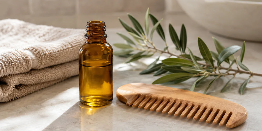 An amber bottle of oil beside a wooden comb, folded towel, and olive leaves on a pale bathroom counter