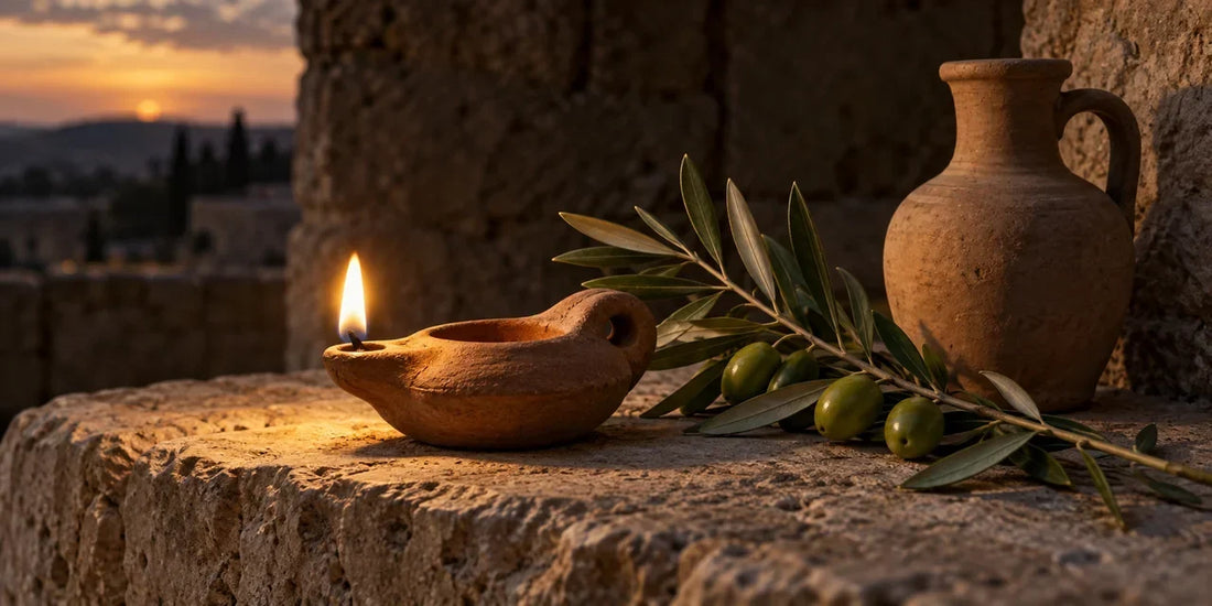 Lit terracotta oil lamp beside an olive branch with green olives and a clay jug on limestone at dusk