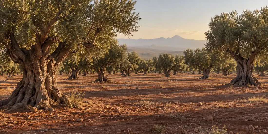 Rows of old broad-canopied olive trees on flat reddish earth with faint mountains on a hazy horizon