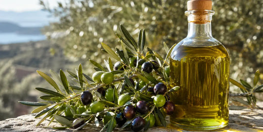 Olive branch heavy with ripe olives beside a glass bottle of rich golden-green olive oil on pale stone