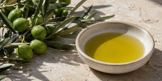 Fresh green olives with leaves beside a pale ceramic dish of green-gold olive oil on a sunlit stone surface