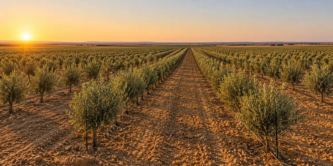 Long rows of young olive trees across flat ochre farmland under a low golden-hour sun
