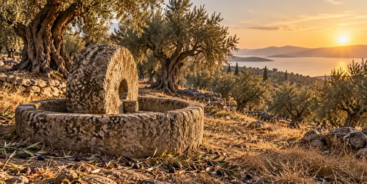 Ancient gnarled olive grove at dawn with a weathered round stone olive crusher and millstone in front