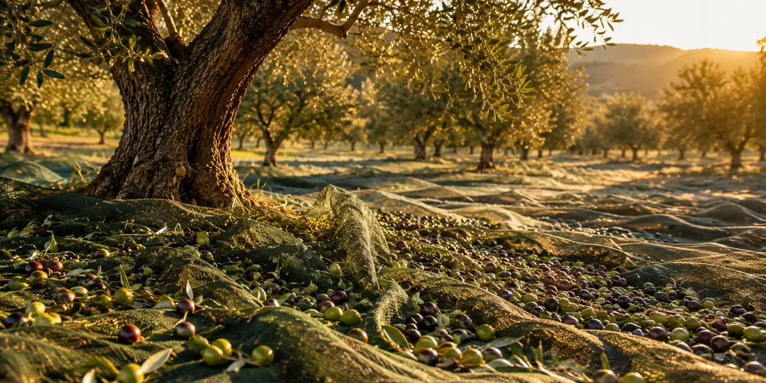 Olive trees in warm afternoon light with harvest nets spread beneath them scattered with fresh olives