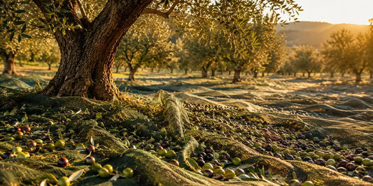 Olive trees in warm afternoon light with harvest nets spread beneath them scattered with fresh olives