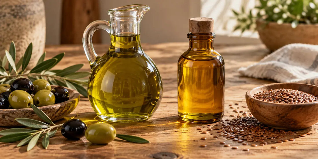 Cruet of golden-green olive oil beside a bottle of golden flaxseed oil, olives and flaxseeds on oak