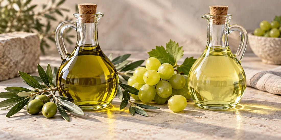 Cruet of golden-green olive oil beside a cruet of pale grapeseed oil, green grapes and olive leaves on stone