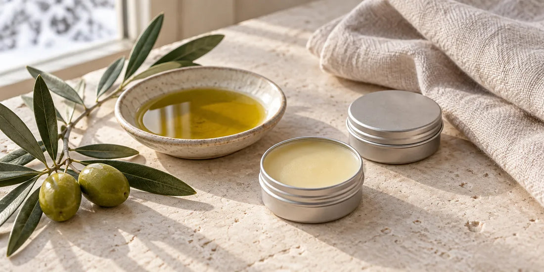 Dish of golden-green olive oil beside two small tins of homemade lip balm and olive leaves on limestone