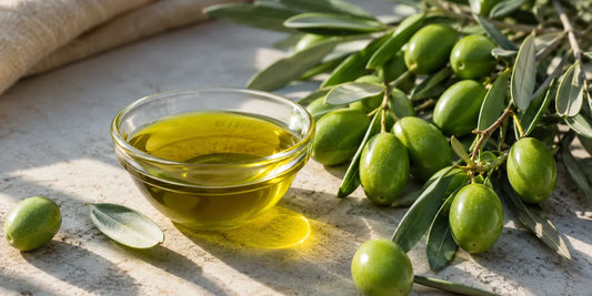 Vivid green-gold extra virgin olive oil in a small glass bowl beside fresh green olives and leaves on pale stone