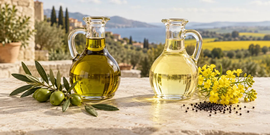 Glass cruet of golden-green olive oil beside a cruet of pale rapeseed oil, olive sprig and yellow rapeseed flowers