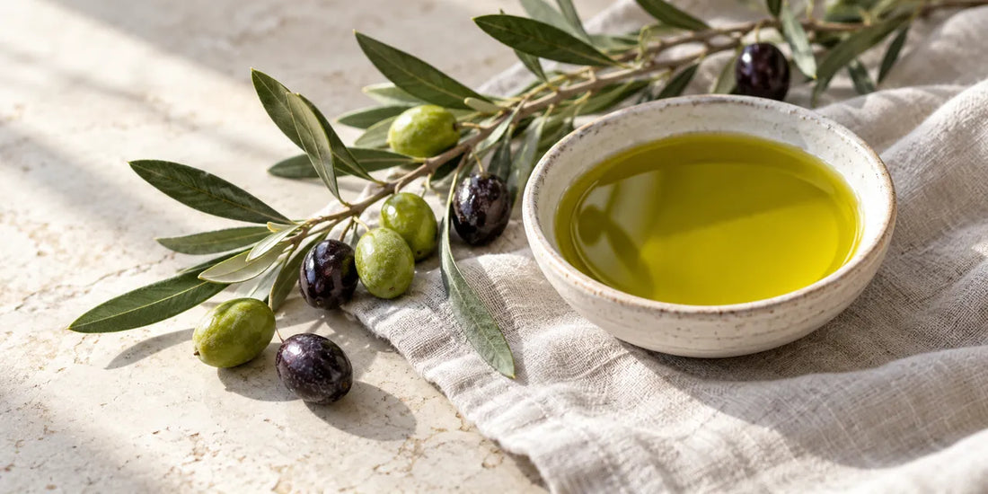 Small ceramic dish of rich golden-green olive oil beside an olive branch with green olives on pale linen