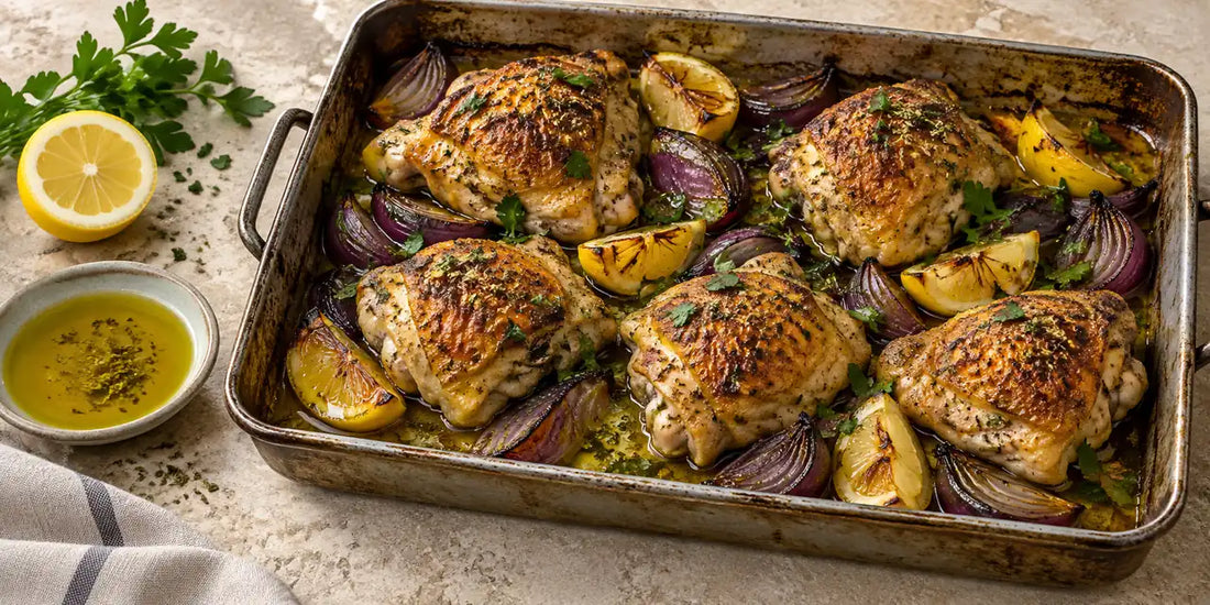 Golden olive oil baked chicken thighs with lemon wedges, red onion and oregano in a roasting tin on stone