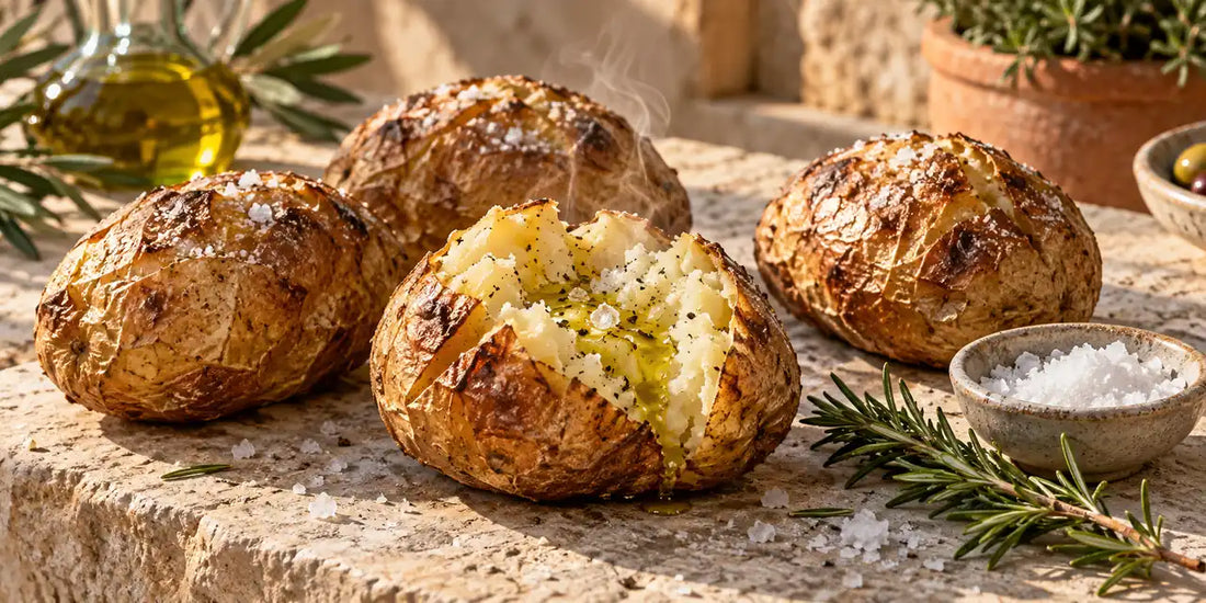 Baked potatoes with crisp salted skins, one split open and drizzled with golden-green olive oil on stone