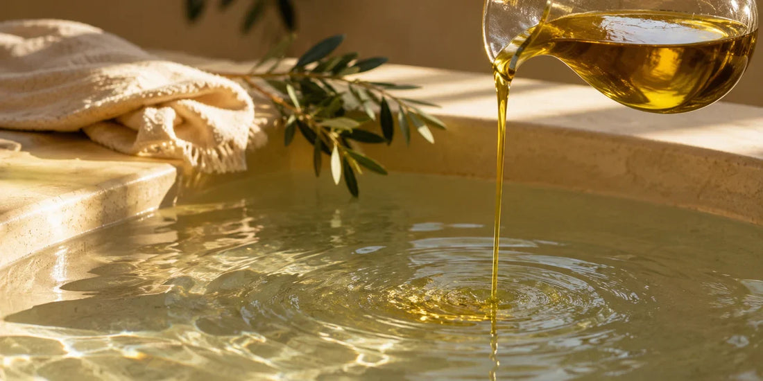 Golden-green olive oil poured from a glass jug into warm bathwater with a folded towel on the stone edge