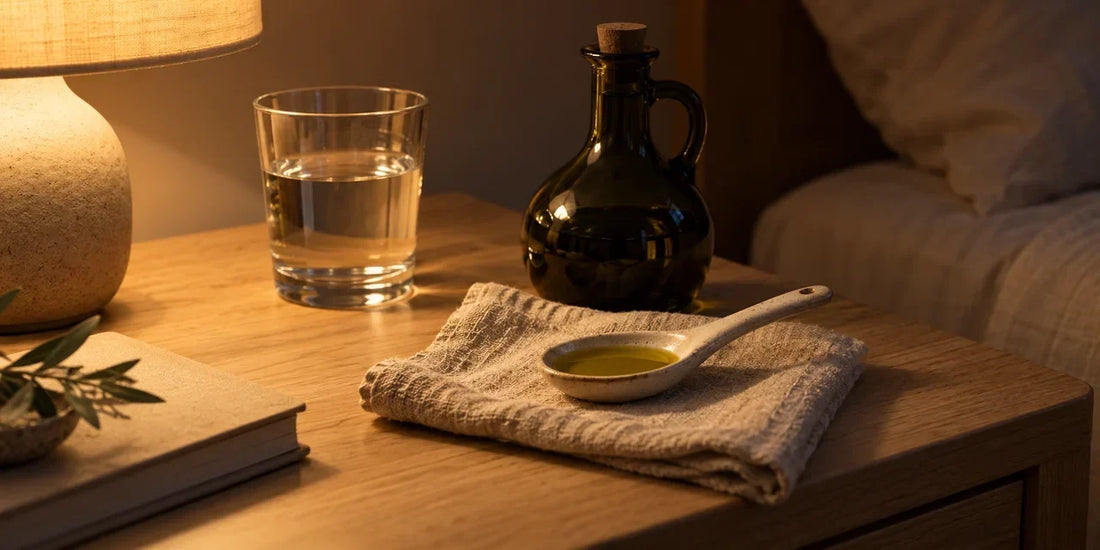 Ceramic spoon of rich golden-green olive oil on linen beside a water glass in warm evening lamplight